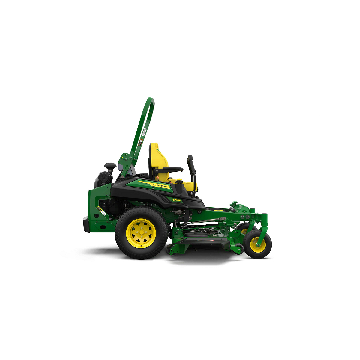 A right-facing studio shot of a green zero-turn mower with a yellow seat on a white background.
