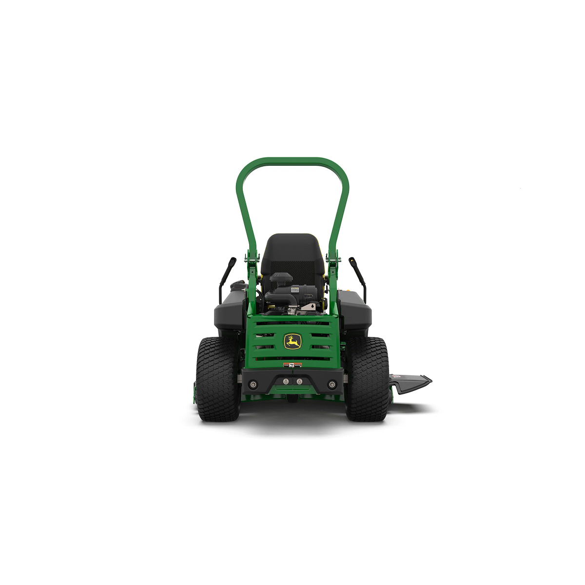 A rear-facing studio shot of a green zero-turn mower with a yellow seat on a white background.