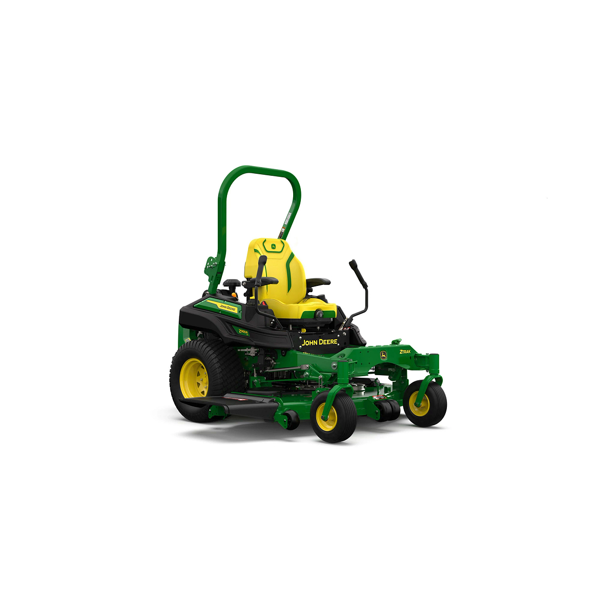 A front-right-facing studio shot of a green zero-turn mower with a yellow seat on a white background.
