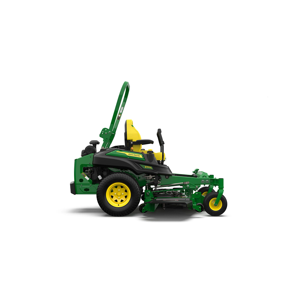 A right-facing studio shot of a green zero-turn mower with a yellow seat on a white background.