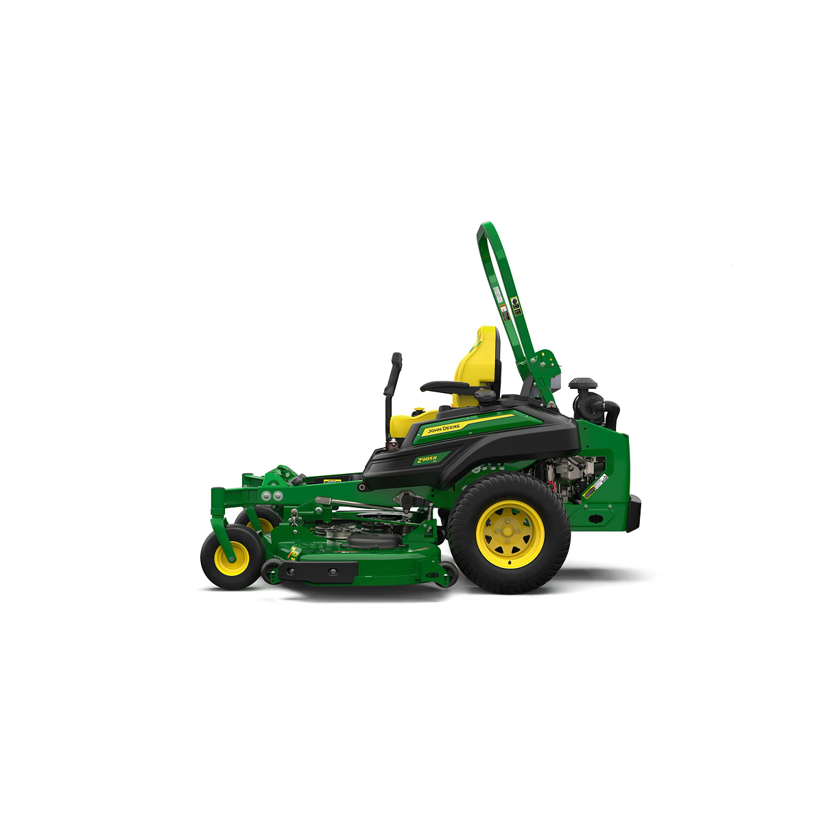 A left-facing studio shot of a green zero-turn mower with a yellow seat on a white background.