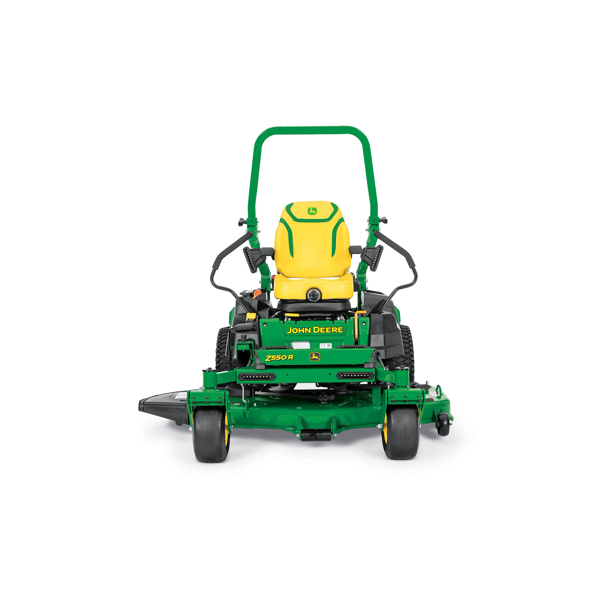 A front-facing studio shot of a green zero-turn mower on a white background.