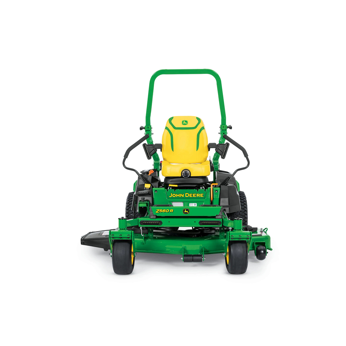 A front-facing studio shot of a green zero-turn mower on a white background.