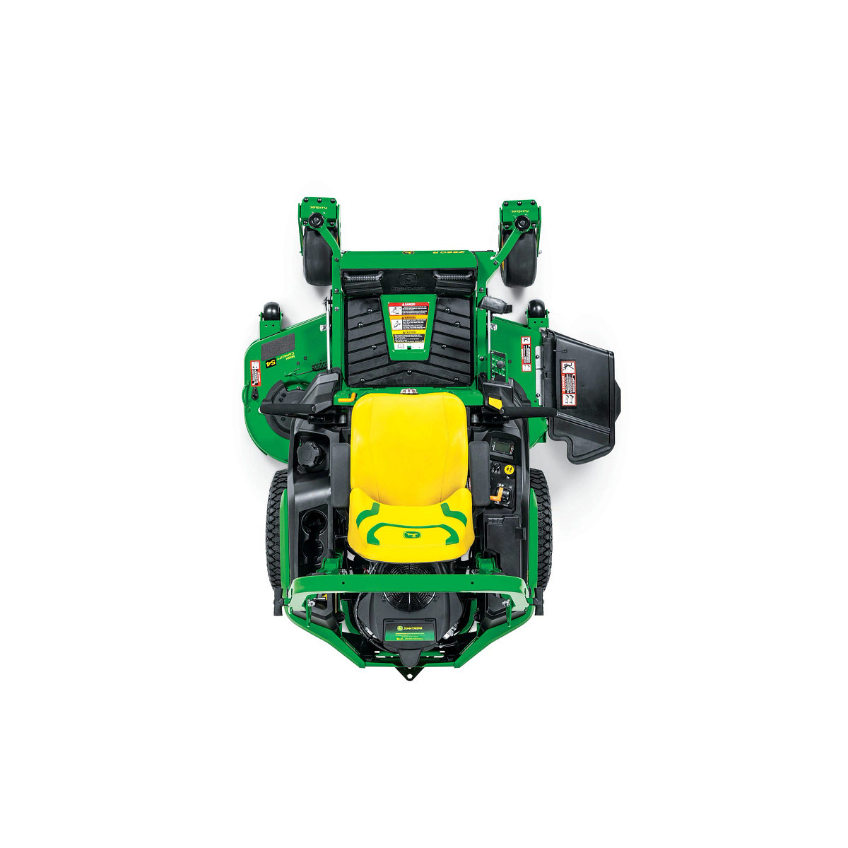 A top-down-facing studio shot of a green zero-turn mower on a white background.