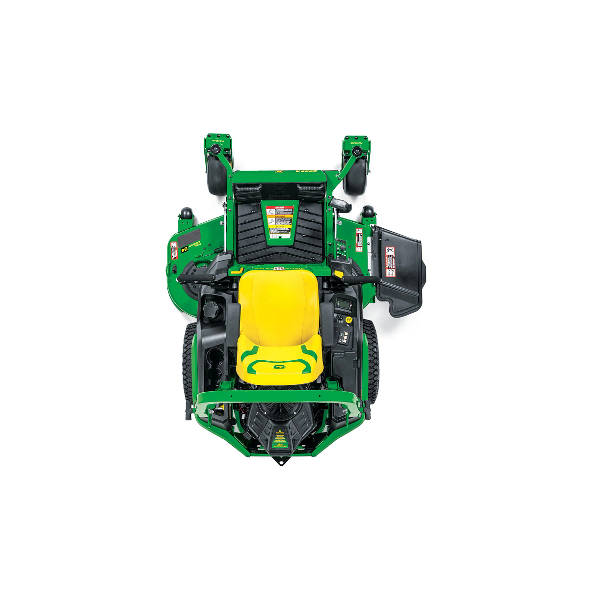 A top-down-facing studio shot of a green zero-turn mower on a white background.