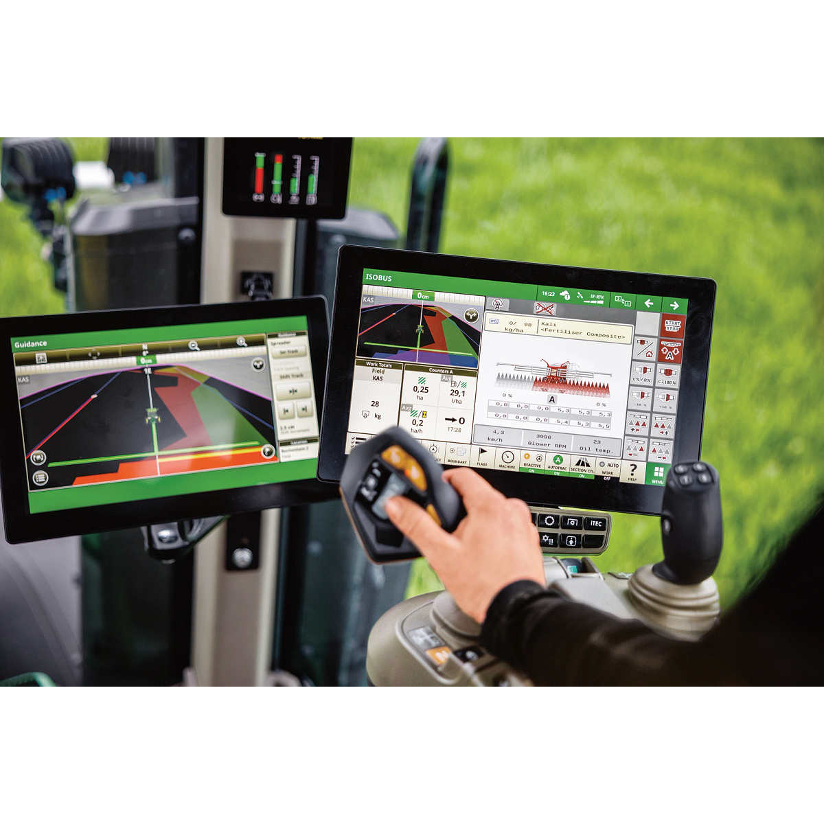 ISOBUS tractor cab displays showing guidance and implement control screens, with operator using joystick for precision farming.