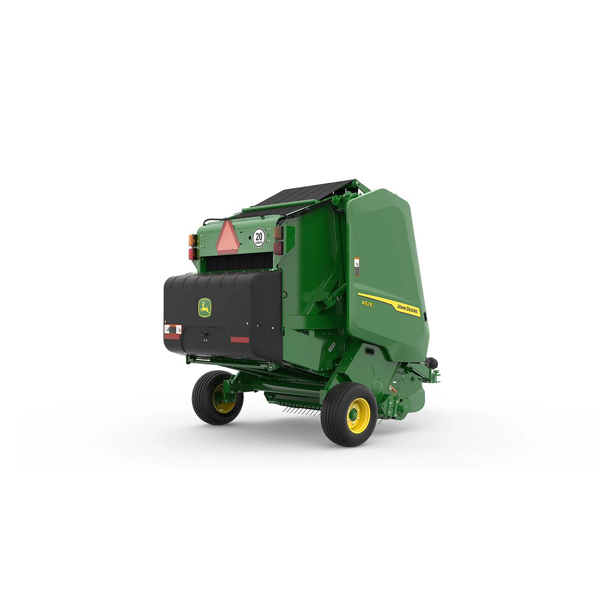 Rear-right close-up studio rendering of John Deere 451E Round Baler