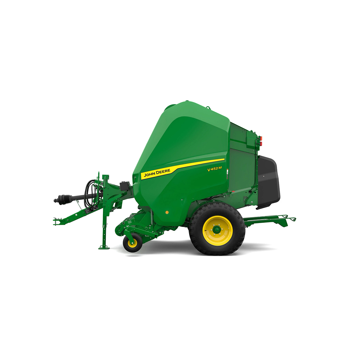 Studio rendering of V452M round baler shown in left-side profile on a white background, featuring a green body, yellow wheel, enclosed bale chamber, pickup assembly, PTO driveline, hydraulic hoses, and front support stand