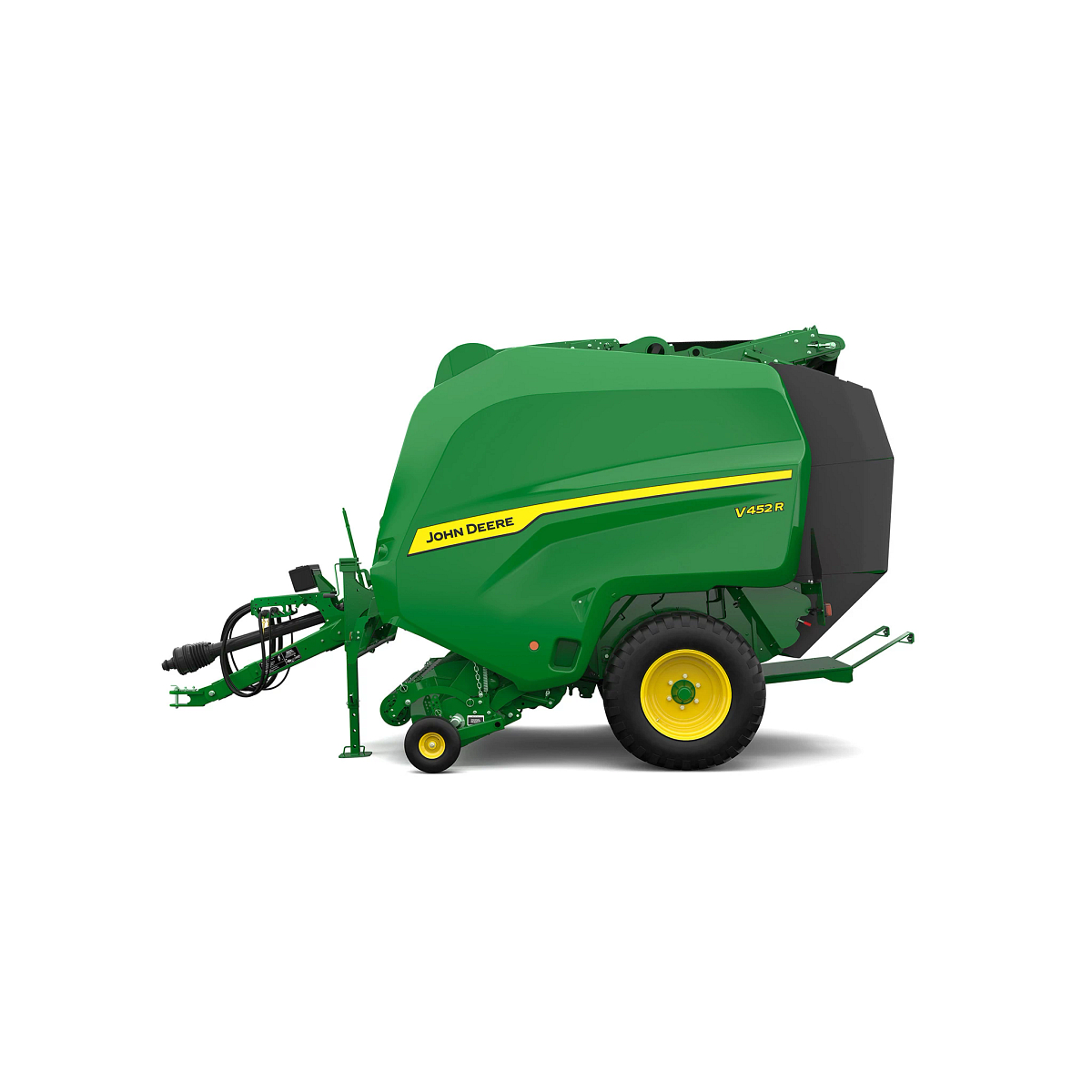 Studio rendering of V452R round baler shown in left-side profile on a white background, featuring a green body, yellow wheel, enclosed bale chamber, pickup assembly, PTO driveline, hydraulic hoses, front support stand, and rear discharge ramp