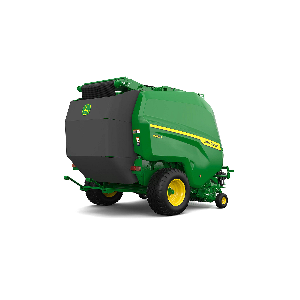 Studio rendering of V462R round baler shown from a rear three-quarter angle on a white background, featuring a green body, yellow wheels, rear cover with John Deere logo, safety reflector, visible bale chamber belts, and rear discharge ramp