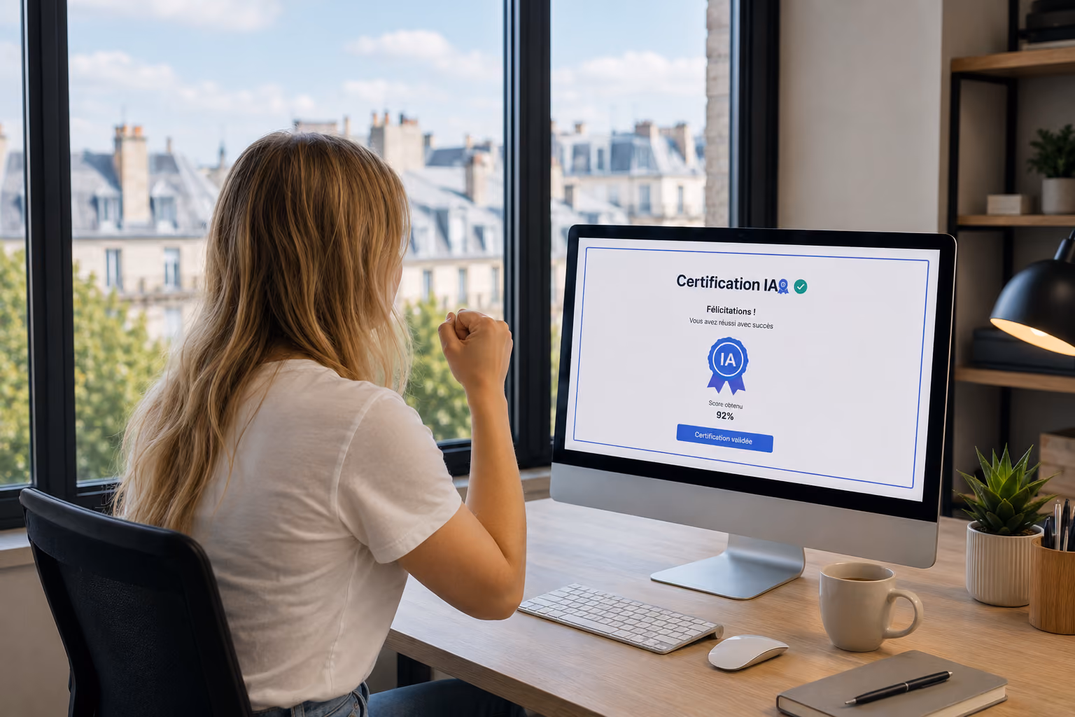 Une experte devant son écran qui affiche une certification IA réussie