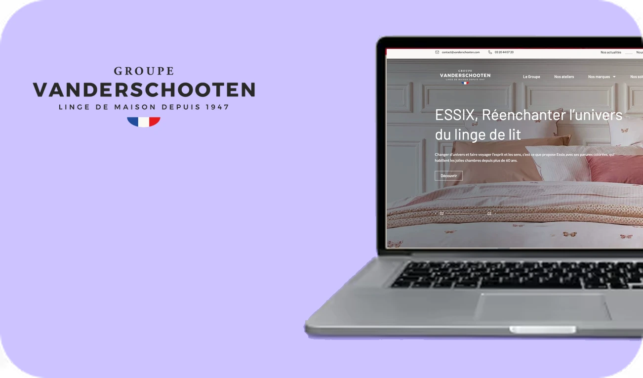 Groupe Vanderschooten, cas client Diagnostic Data & IA : logo et site sur un ordinateur portable