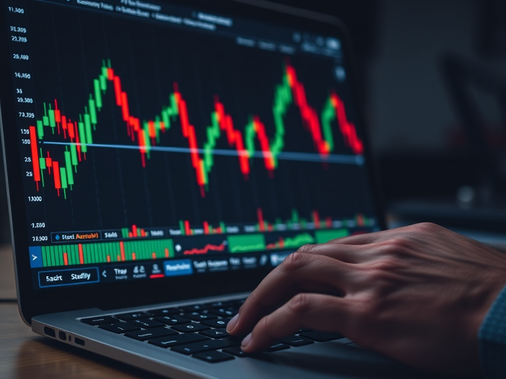 Laptop showing candlestick trading chart with technical indicators