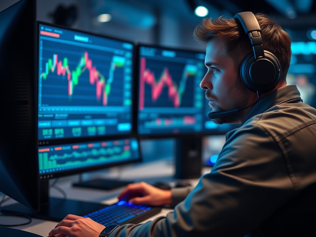 Focused trader with headphones at dual monitor trading setup