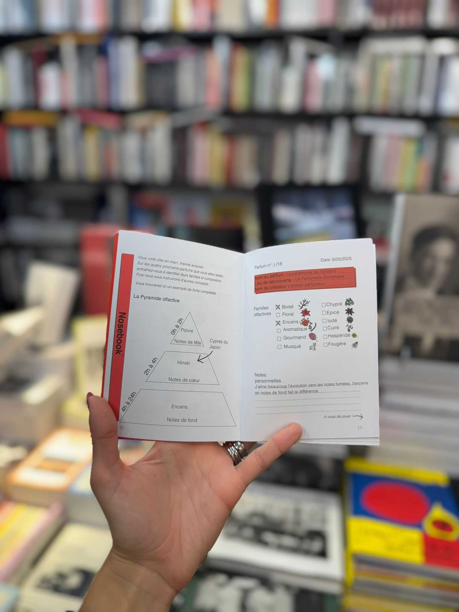 Main tenant un carnet ouvert montrant une pyramide olfactive et des notes sur un parfum, avec au loin des étagères remplies de livres flous.