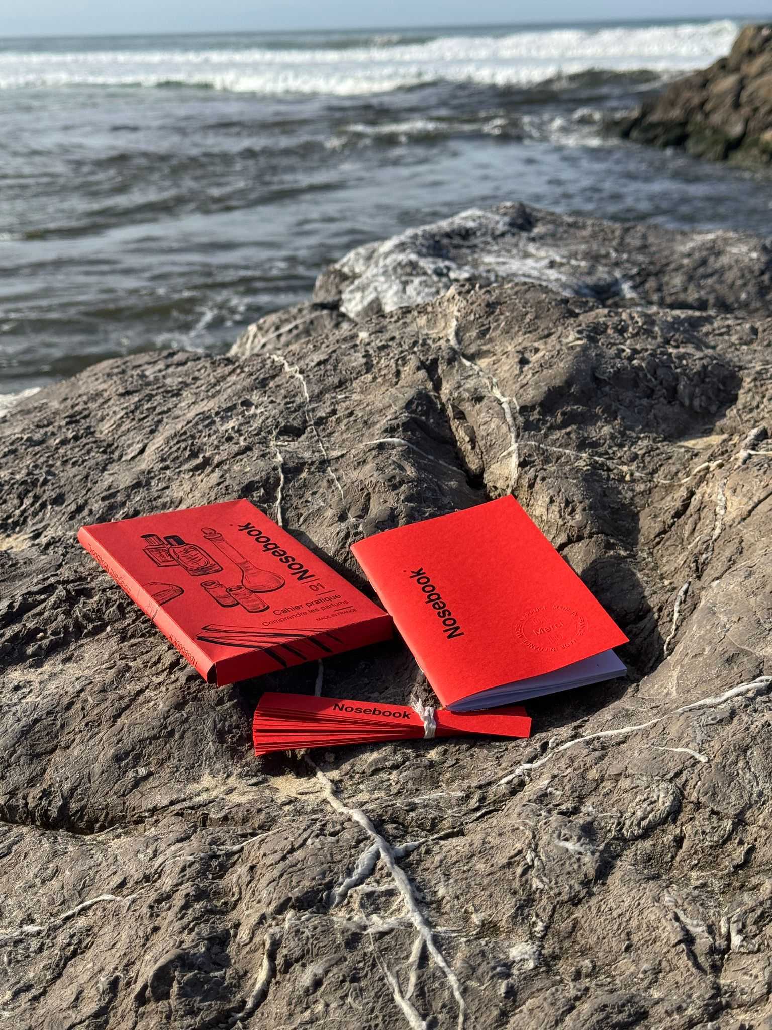 Un coffret et un carnet, rouges nommés Nosebook et un éventail de touches de papier rouge posés sur un rocher près de la mer.