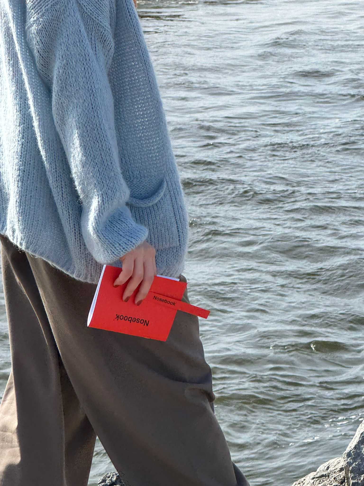Personne portant  veste bleue claire tricotée et un pantalon marron, tenant un carnet rouge avec inscription "Nosebook" au bord d'une étendue d'eau.