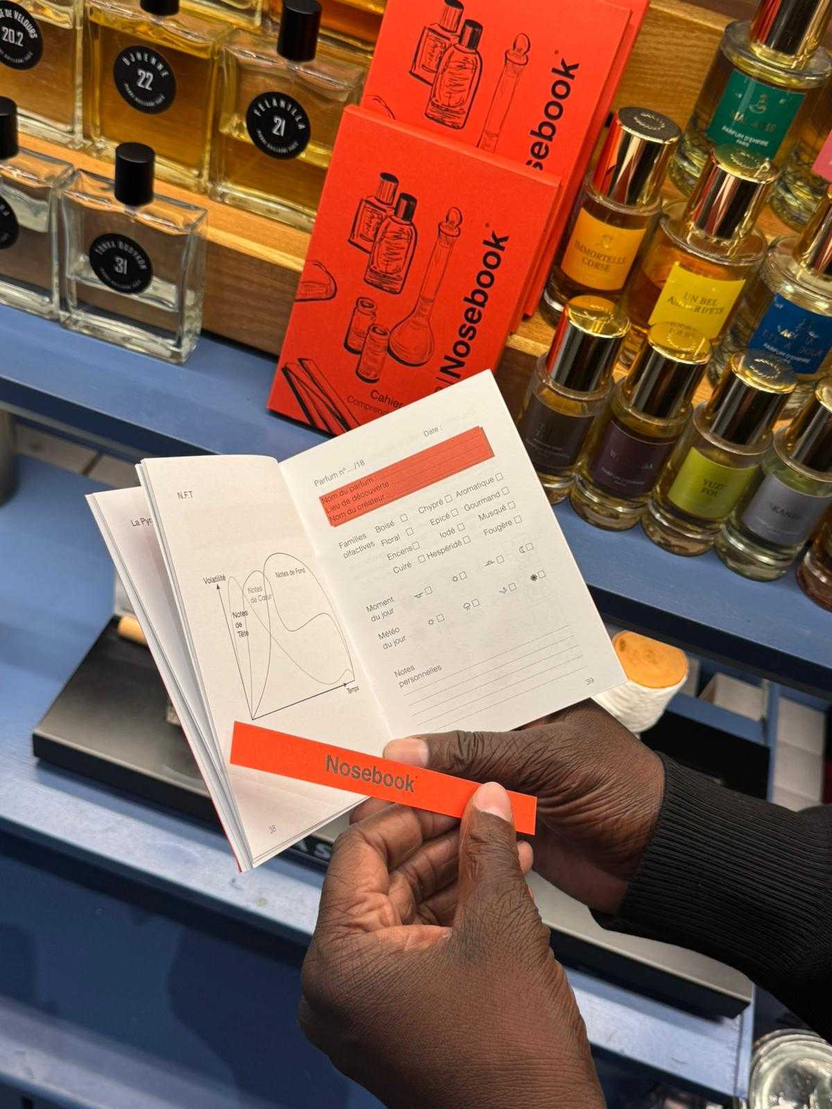 Un coffret et un carnet rouges Nosebook, posés sur une plage avec un vieux poteau en bois et la mer en arrière-plan.