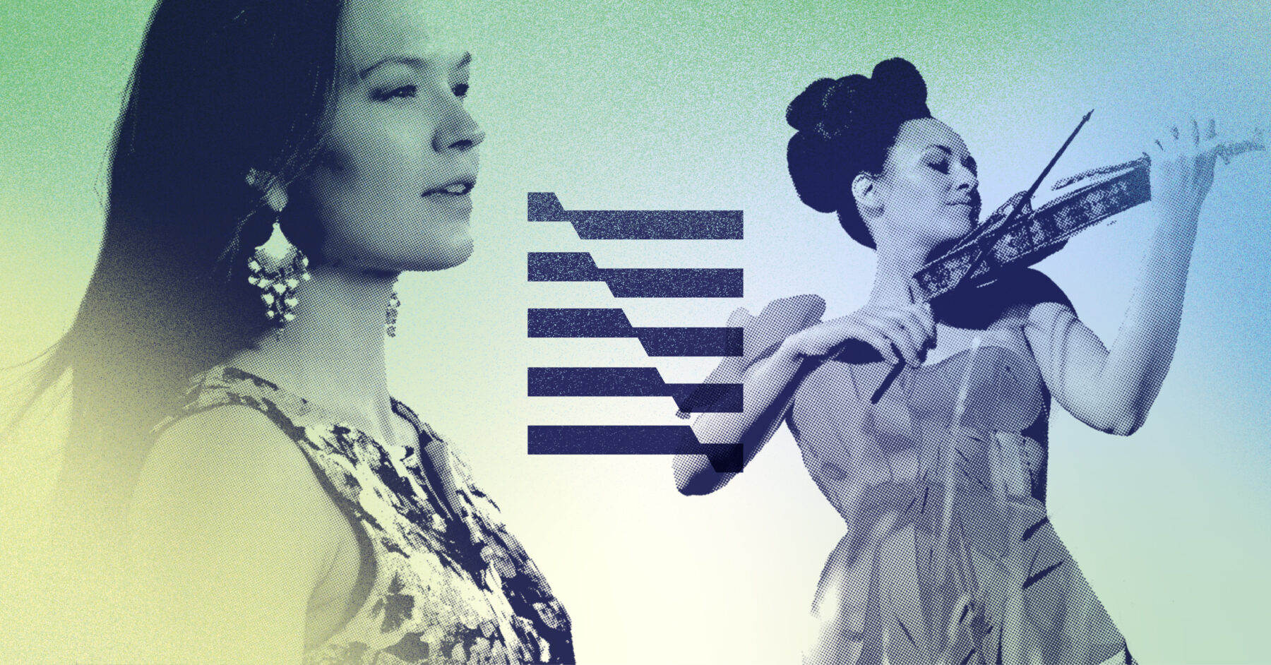 To kvinner vises side om side mot en gradient bakgrunn, den ene synger og den andre spiller fiolin.