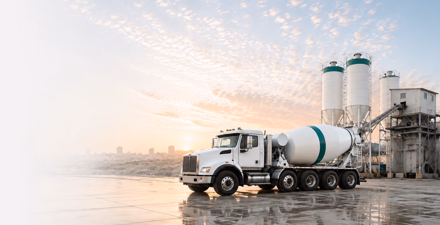 Concrete mixer truck parked in front of silos at a concrete plant during sunset.