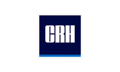 White capital letters CRH inside a blue square with a thin white border and a blue line below.