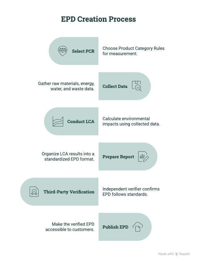 Flowchart showing the EPD creation process: select PCR, collect data, conduct LCA, prepare report, complete third-party verification, and publish the EPD.