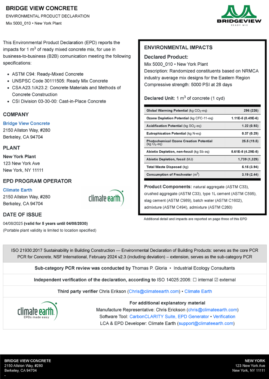 Sample ready-mix concrete EPD for a fictional company, showing declared product details, environmental impact results, product components, PCR information, and third-party verification details.