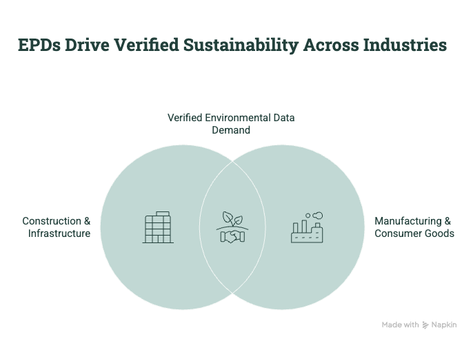 Venn diagram showing how EPDs support verified environmental data across construction, infrastructure, manufacturing, and consumer goods industries.