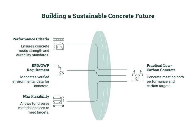 Diagram showing sustainable concrete specification elements, including performance criteria, EPD and GWP requirements, mix flexibility, and practical low-carbon concrete outcomes.