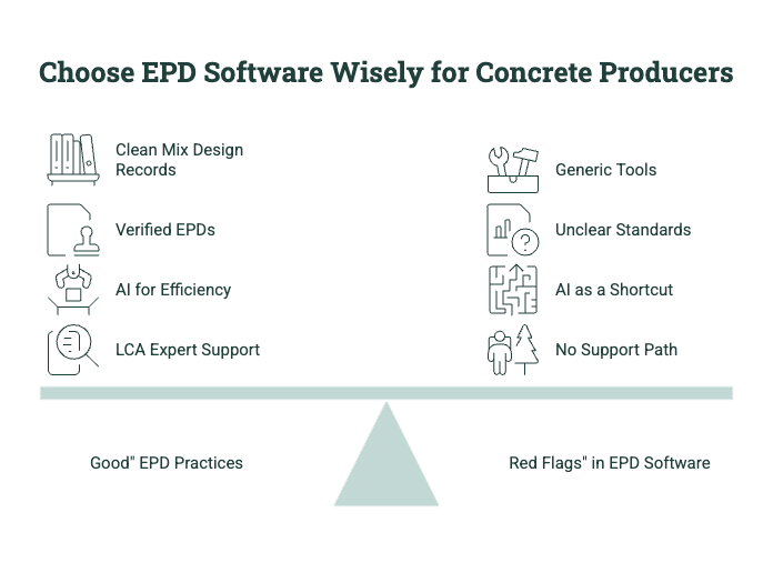 Diagram comparing good EPD software practices and red flags for concrete producers, including mix design records, verified EPDs, AI efficiency, LCA support, generic tools, unclear standards, shortcuts, and lack of support.