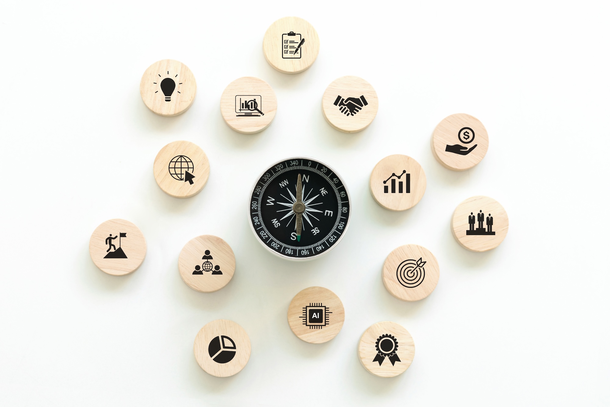 Business strategy compass with icons representing various professional concepts
