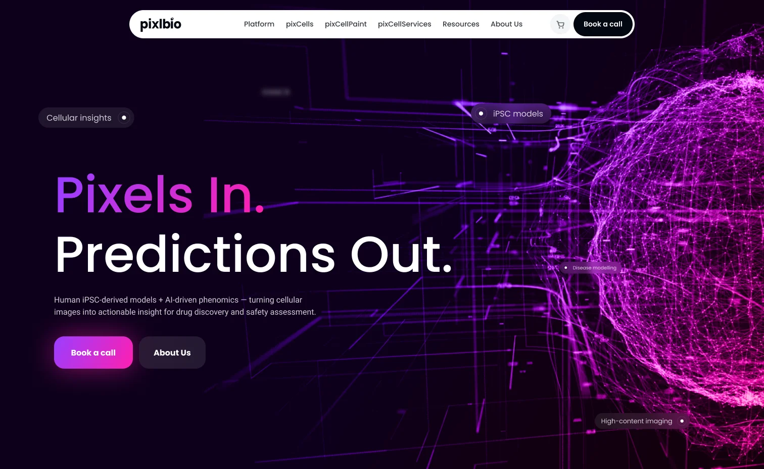 Pixl.bio biotech website homepage with the Pixels In Predictions Out message