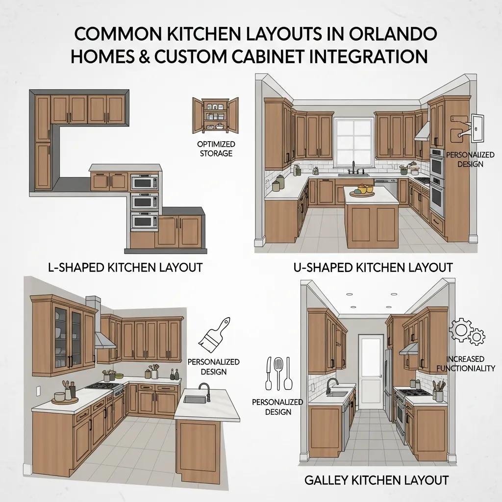 Diagram of common Orlando kitchen layouts showing where custom cabinets can be added