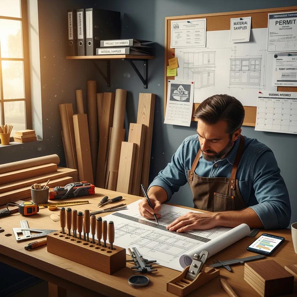 Cabinet maker reviewing detailed plans used for permit submissions