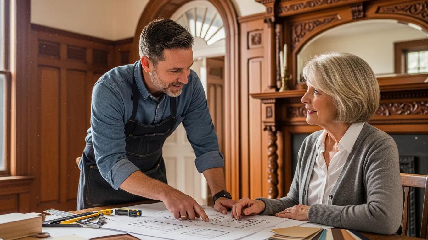 Custom cabinet maker consulting with homeowner about cabinetry design in an older home