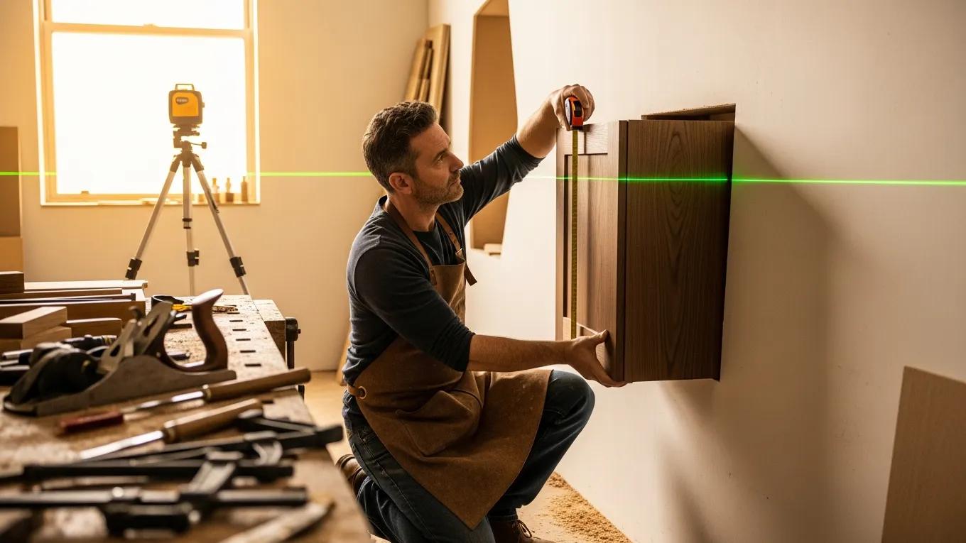 Artisan measuring and constructing custom cabinetry for irregular walls