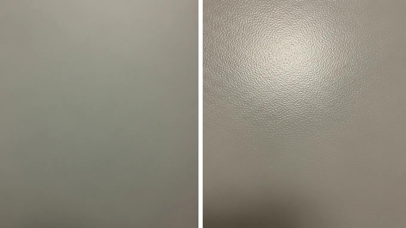 Comparison of flat and eggshell paint finishes on a wall, highlighting texture and sheen differences