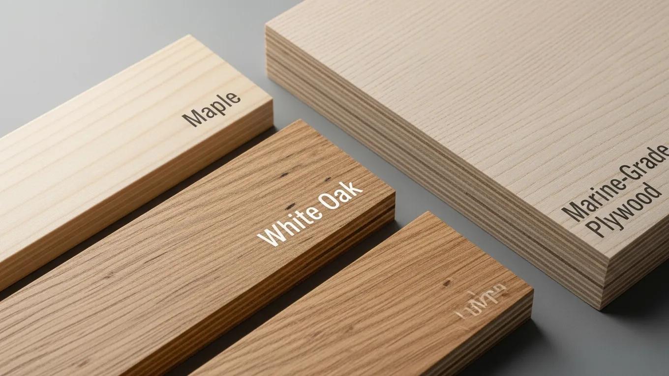 Different wood types including Maple and White Oak, showcasing their suitability for humid climates