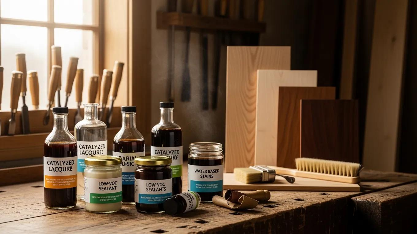 Eco-friendly wood finishes displayed in a workshop, highlighting options for protecting wood in humid climates
