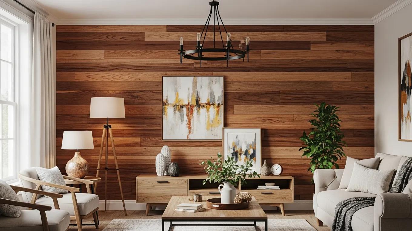 Wood accent wall in a cozy living room, showcasing durability and aesthetic appeal in humid climates