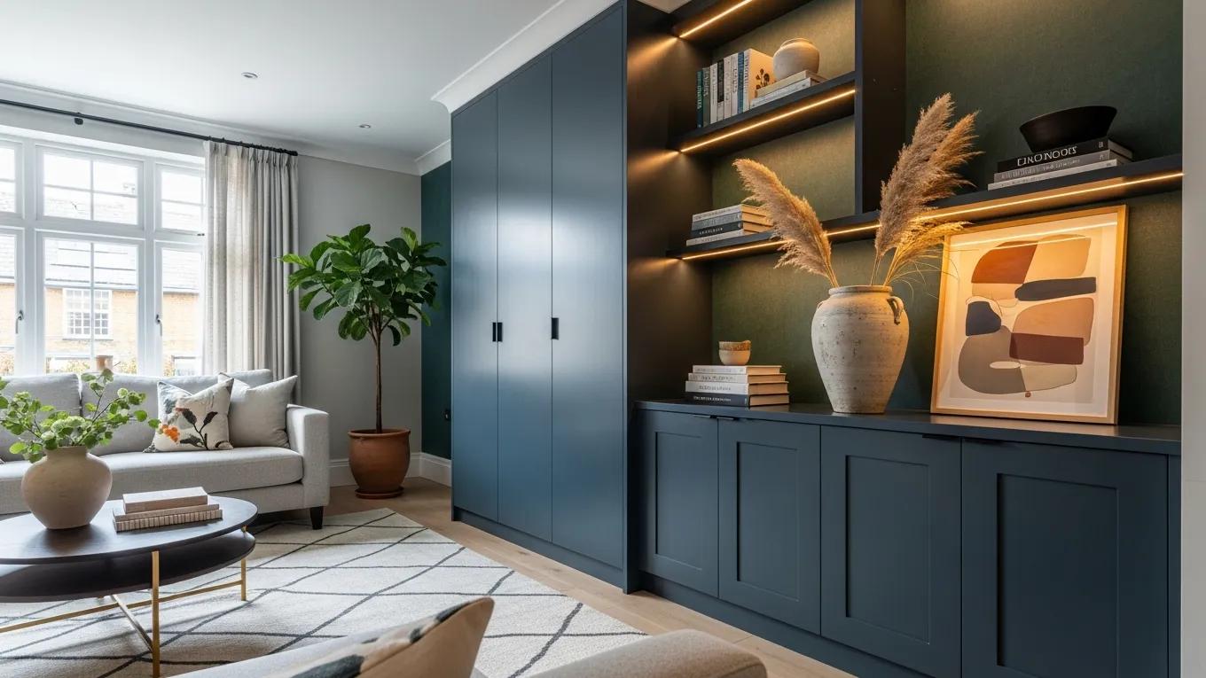 Elegant living room with custom cabinetry seamlessly integrated with a colorful accent wall