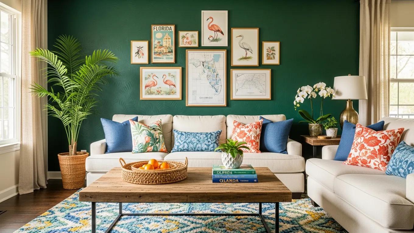 Stylish Orlando living room with a vibrant accent wall showcasing deep blue and emerald green colors