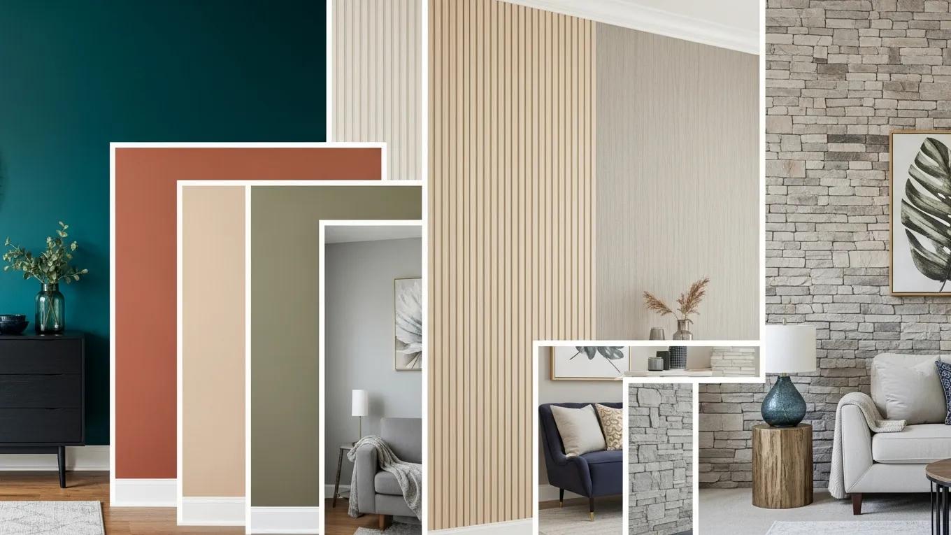Collage of accent wall materials and colors showcasing trends in Orlando living rooms