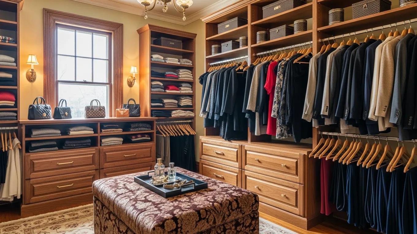 Custom closet design in a vintage Orlando home with built-in shelving and organized clothing
