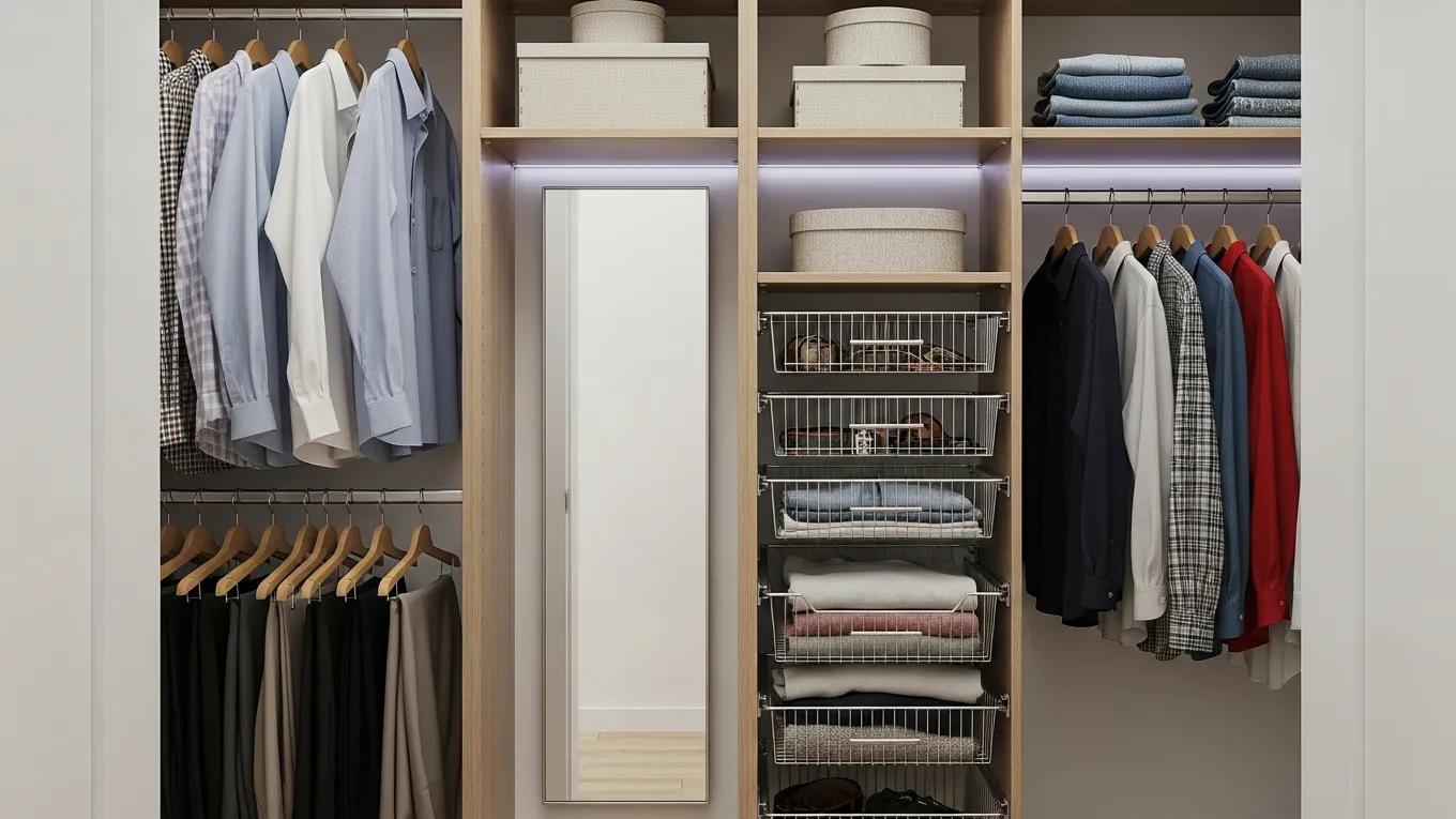 Space-saving designs in a small reach-in closet with double rods and pull-out drawers