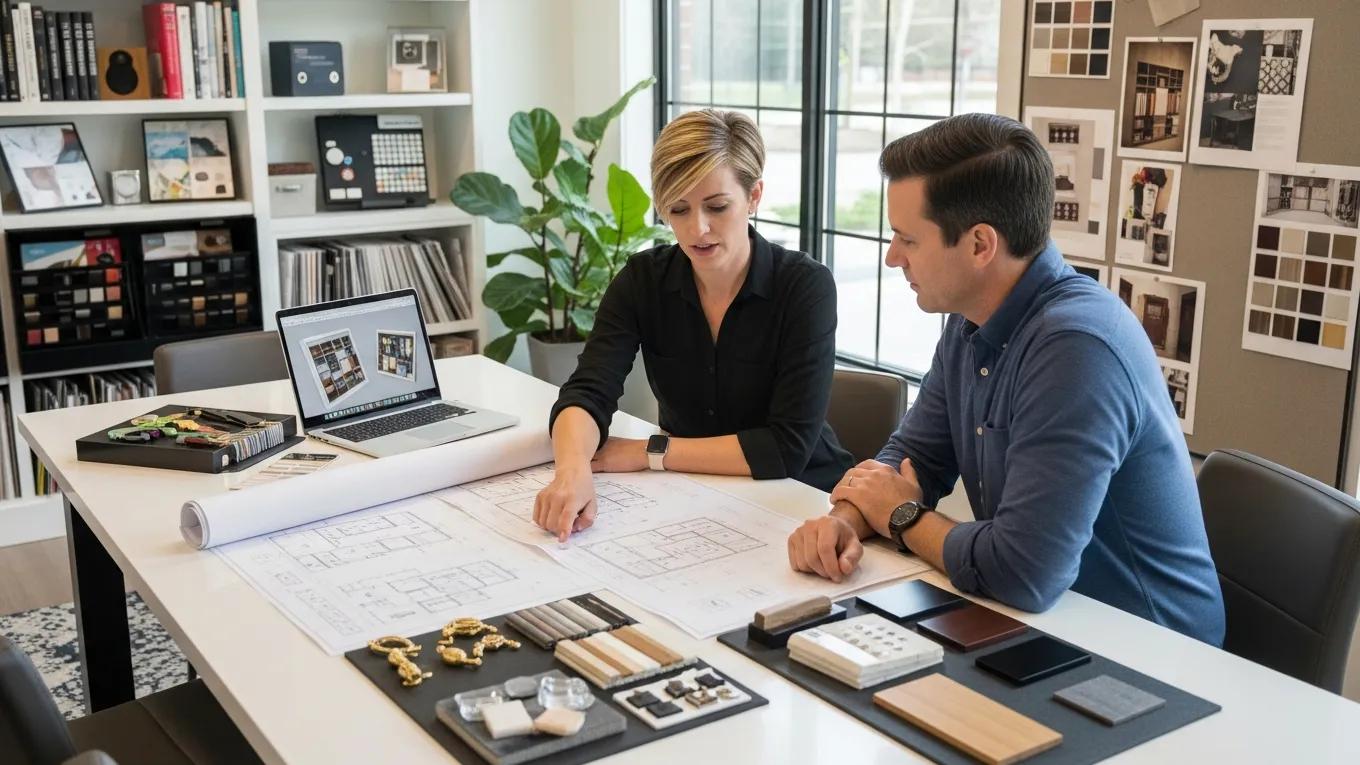 Designer and homeowner collaborating on custom closet design plans in a bright studio
