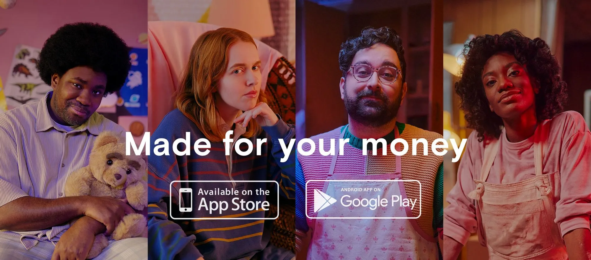 four models photographed in vibrant lighting for financial advertising campaign