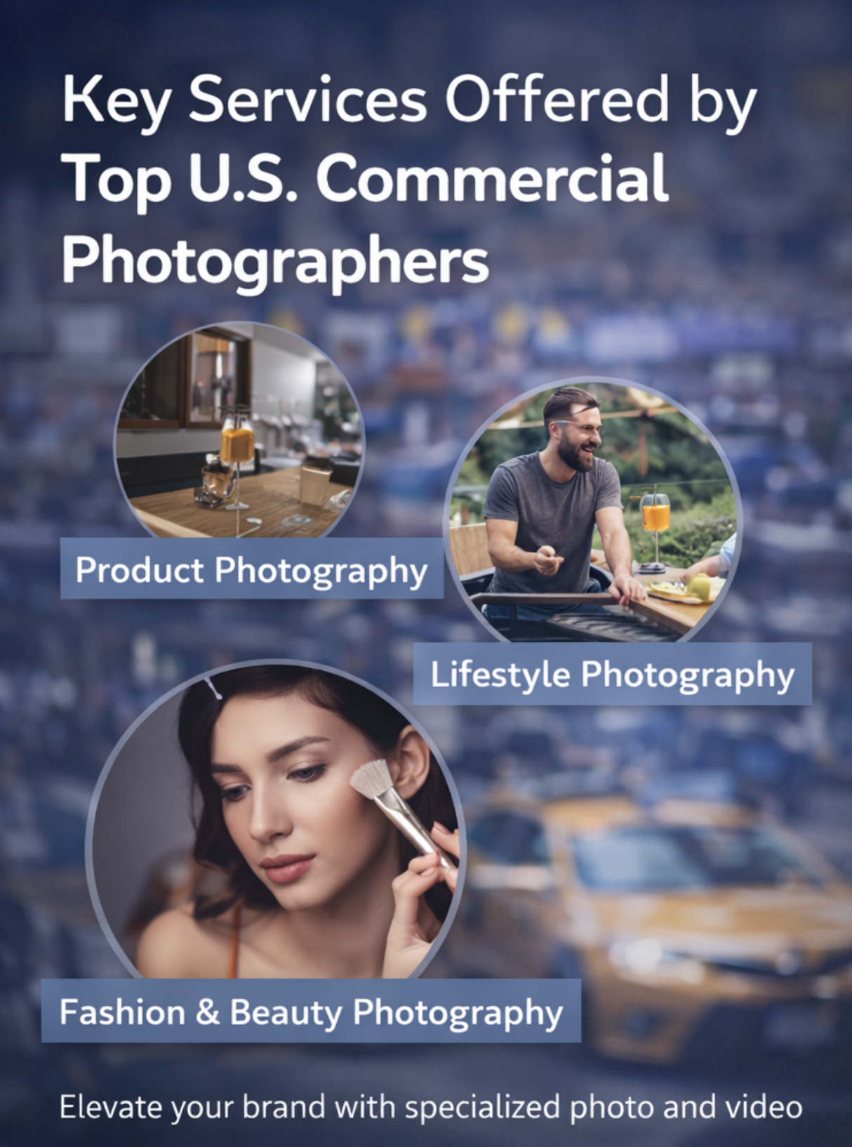 Examples of commercial photography including food, lifestyle, and product images alongside a behind-the-scenes production shoot, highlighting creative production services in the USA.