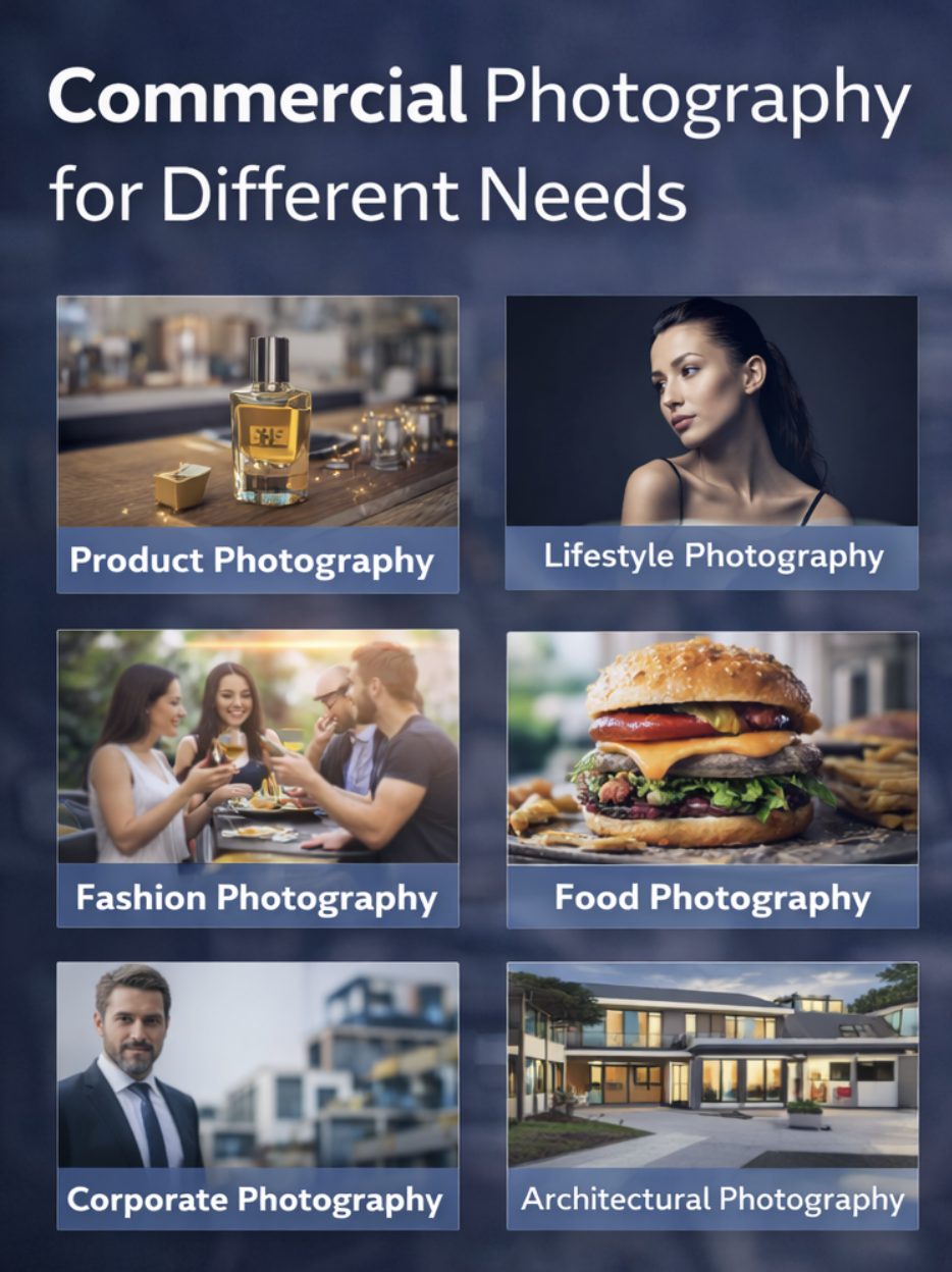 Examples of commercial photography including product, lifestyle, fashion, food, and corporate photography used for brand marketing and advertising.