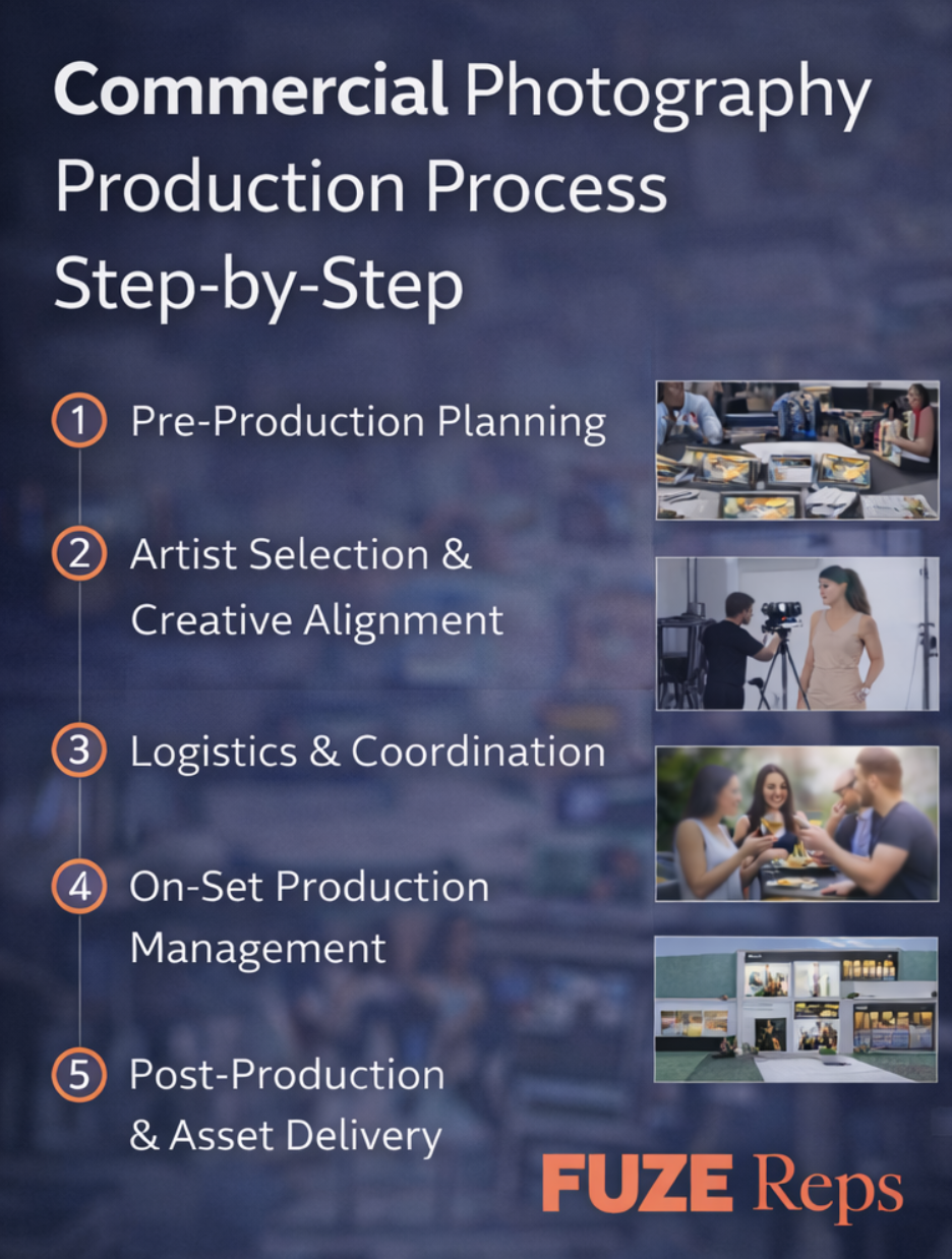 Creative production team reviewing and editing commercial photography assets for brand campaigns and marketing use.